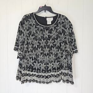 Vintage Papell Boutique Evening Beaded Blouse scallops Black Plus 5X